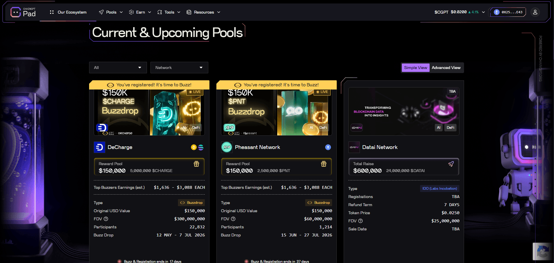 Current and upcoming pools with live reward campaigns