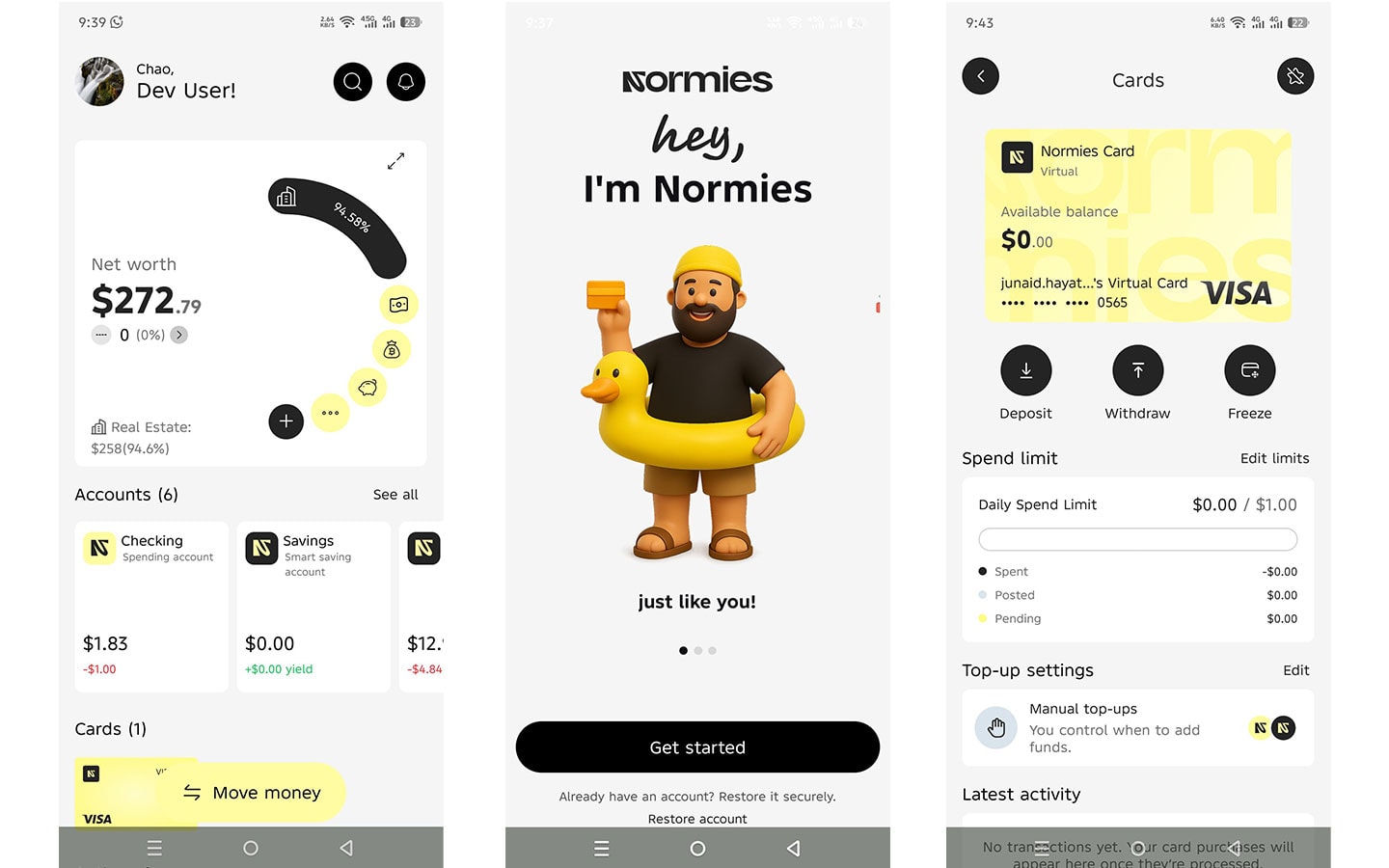 Normies mobile app home dashboard, onboarding and cards screens