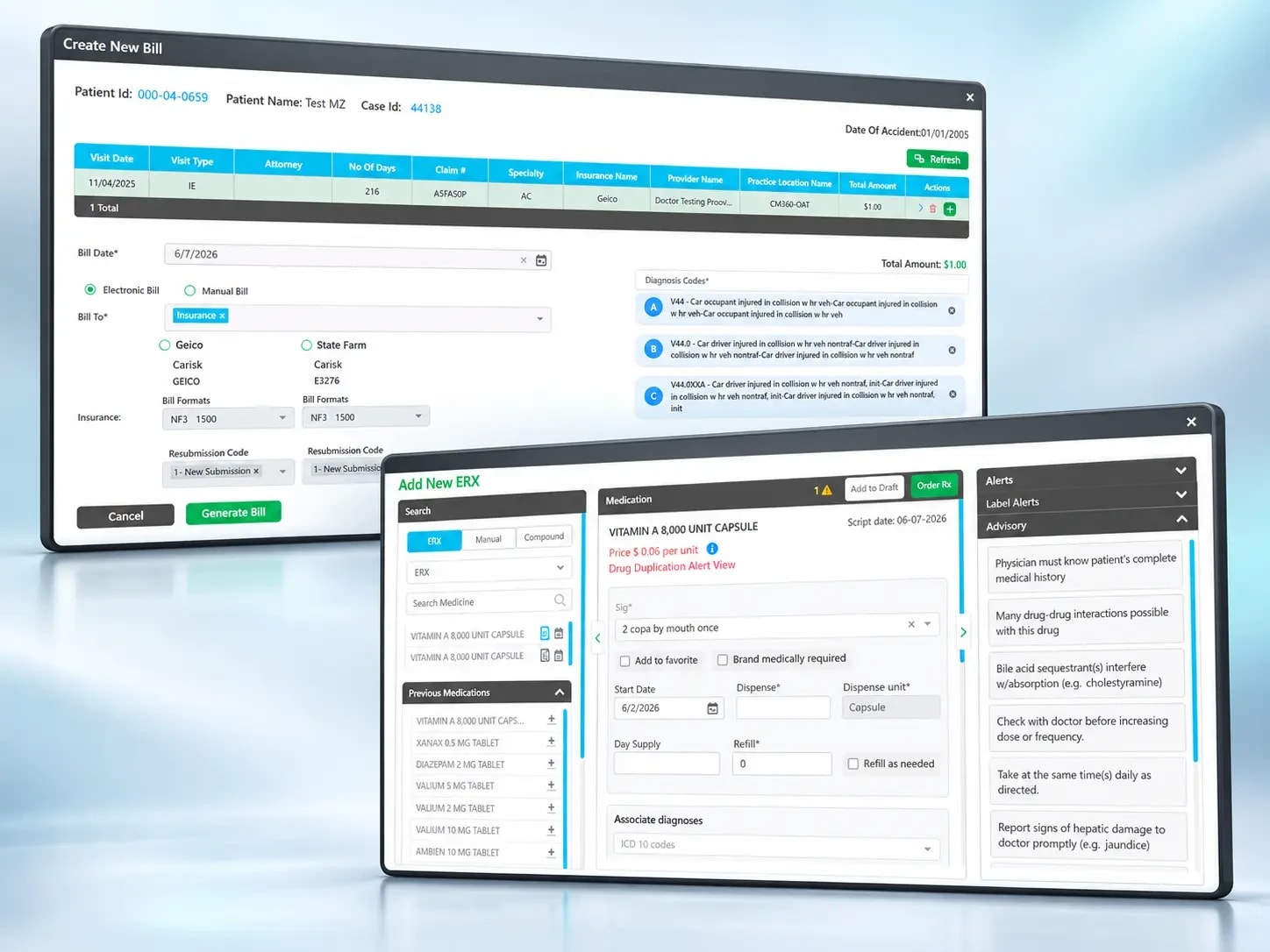 Medical billing and e prescribing screens