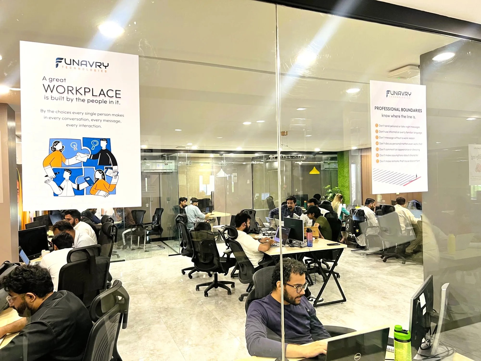 The open-plan office floor with the team at their desks