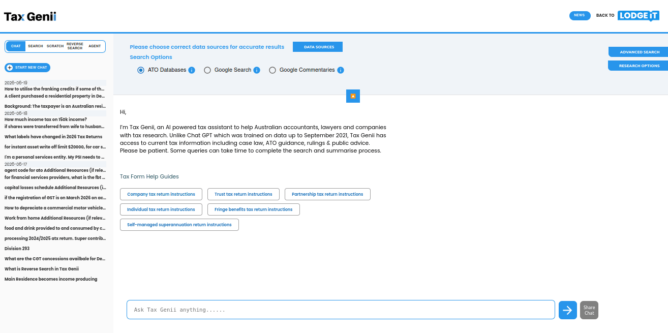 Tax Genii assistant with selectable ATO data sources