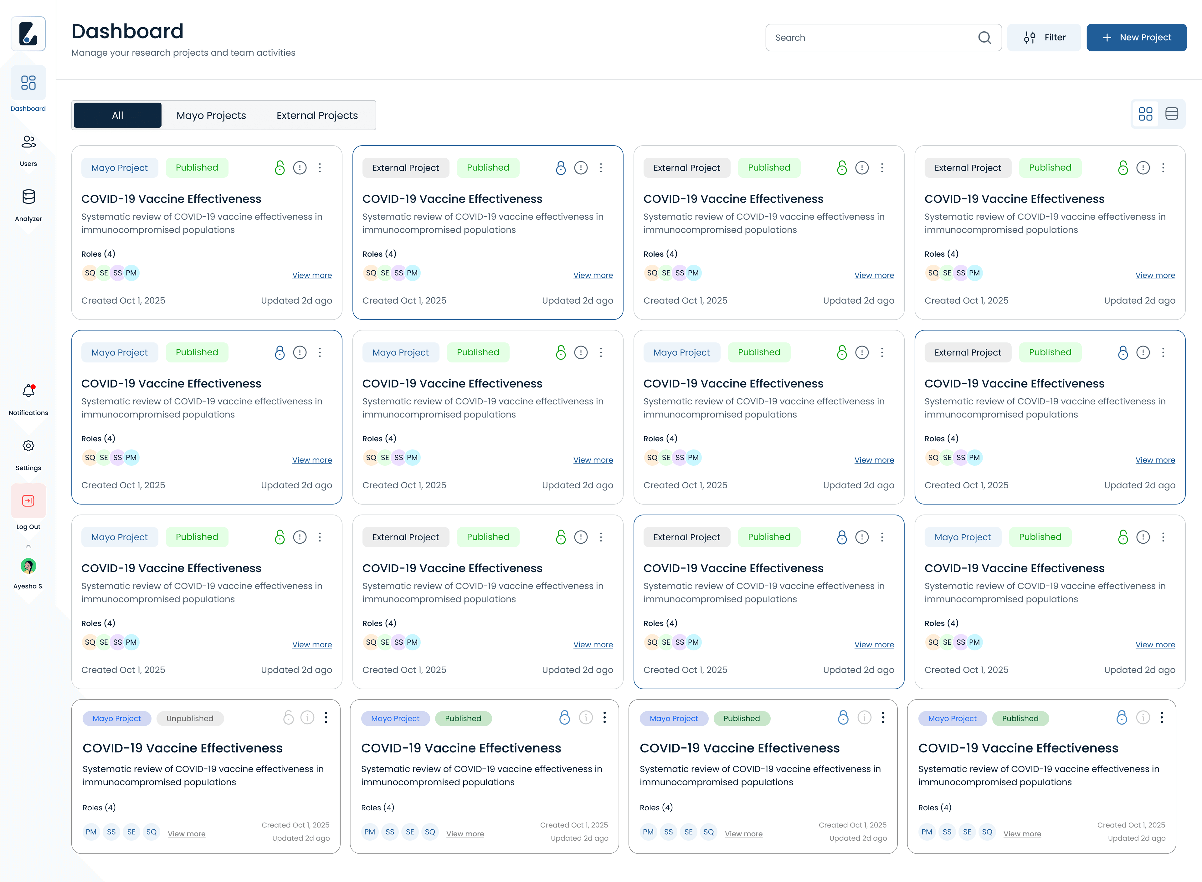Project dashboard listing internal and external systematic reviews with their assigned roles and publication state